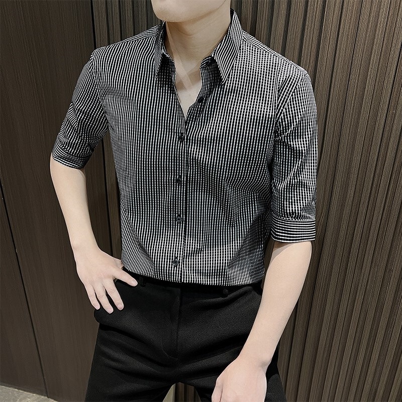 男士衬衫长袖春秋季2025新款高级感男装商务休闲修身格子男款衬衣|undefined