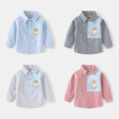 可愛小熊春季男童條紋拼布長袖襯衫 休閒條紋翻領中小童棉襯衫男