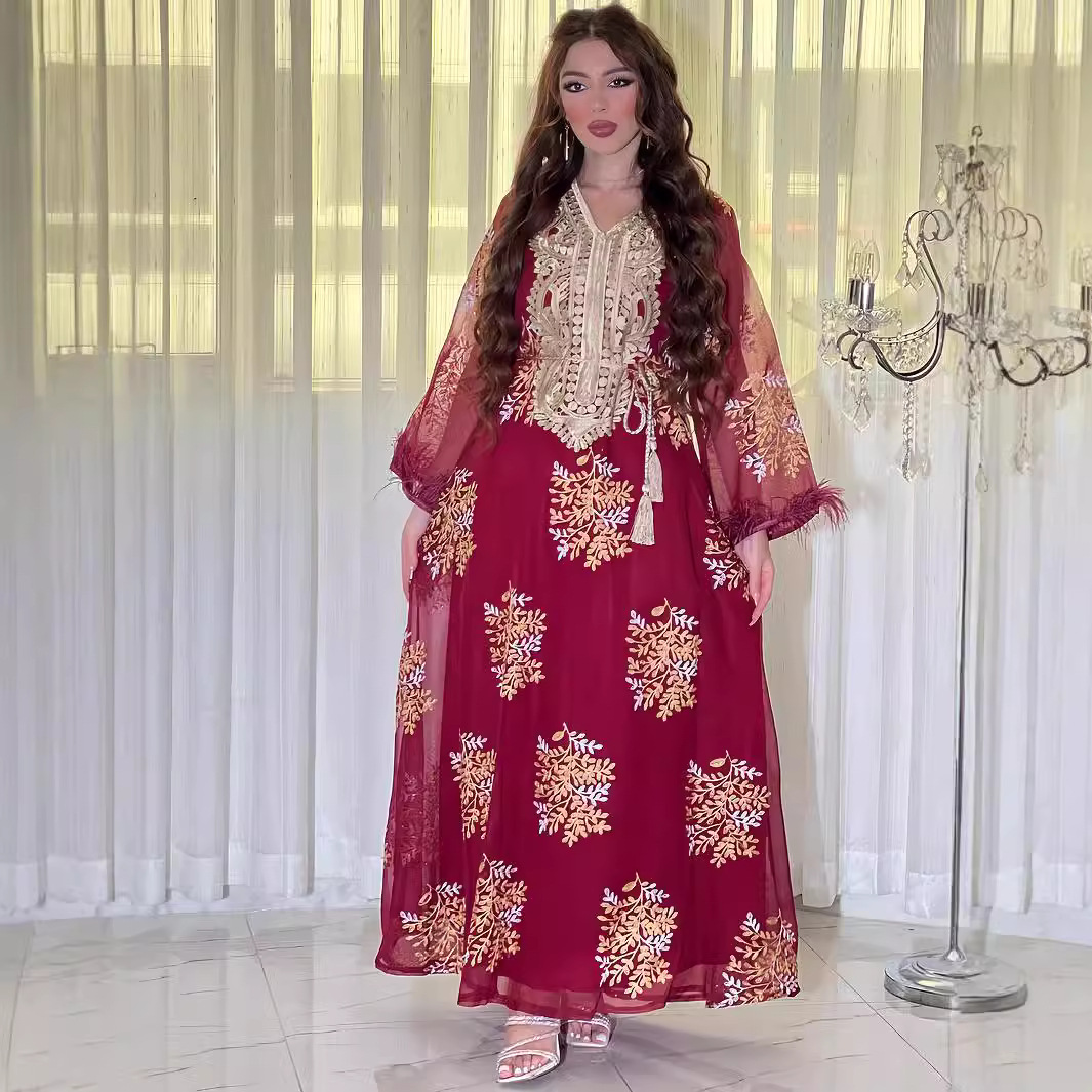 Damenbekleidung Bestickte muslimische Roben Arabische Kleidung Kleider_voghion.com
