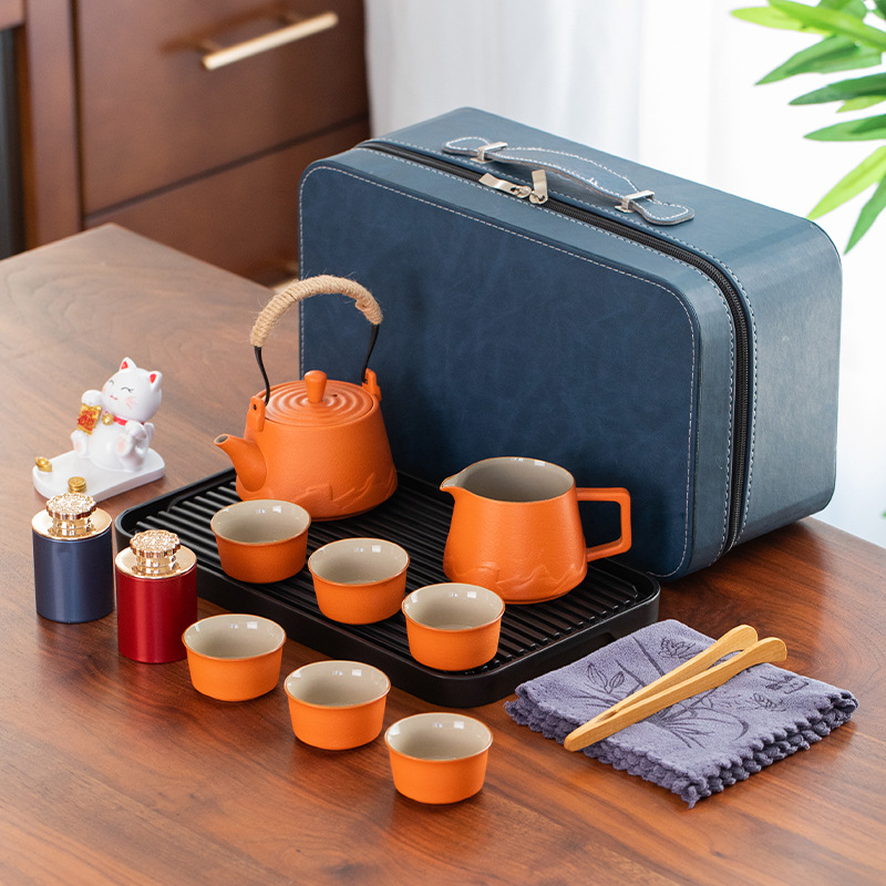 오렌지 여행 차 세트 세트 [1 냄비 6 컵 1 차 바다 차 2 캔 1 행운의 고양이 브래킷 플레이트 타월 클립]]