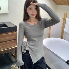 不规则开叉长袖t恤女2025新款秋季设计感系带内搭打底衫上衣大码