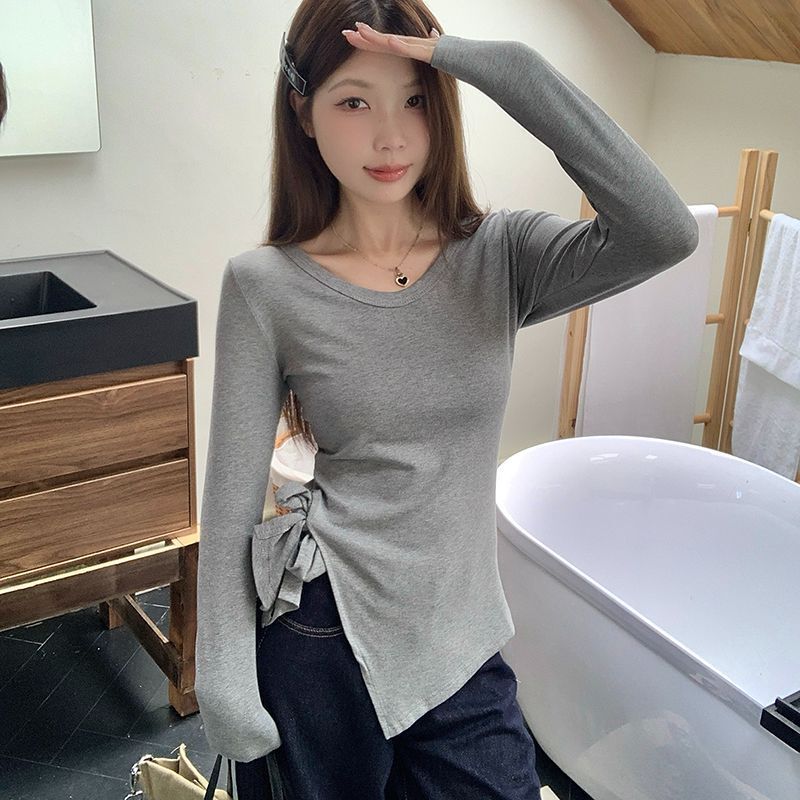 不规则开叉长袖t恤女2025新款秋季设计感系带内搭打底衫上衣大码|undefined