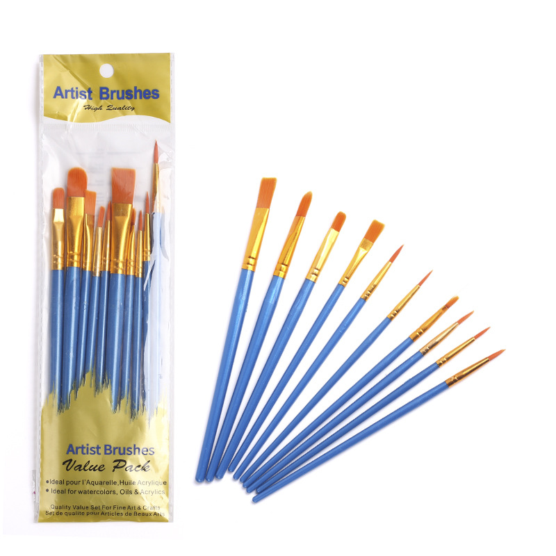 Fabricante 10 cepillos de aceite traje de nylon cepillo gancho pluma pintura acrílica pincel acuarela gouache pintura fila pluma