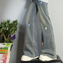 女童中大童春秋2025新款牛仔裤韩版直筒阔腿彩色五角星学生潮直发
