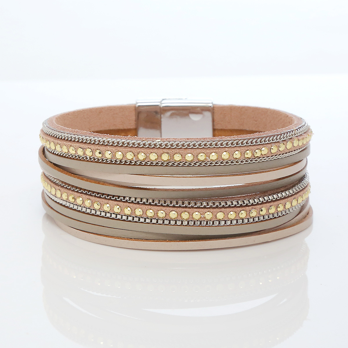 Pulsera de cuero tejido de cuero de cristal europeo y americano para mujer, pluma bohemia retro, turquesa, piedra triturada, pulsera de botón de imán