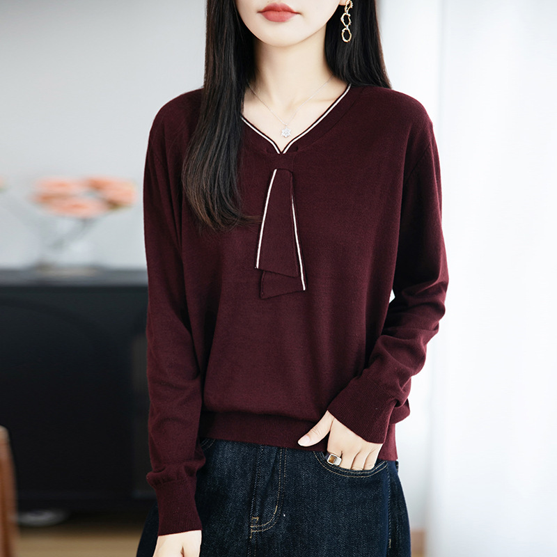 法式精纺毛针织衫女2025秋冬新款V领长袖打底衫内搭毛衣女装小衫|undefined