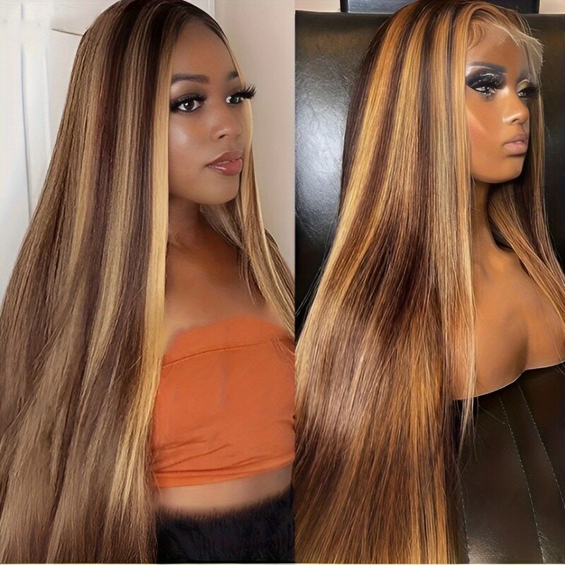 Cross-Border Best-Selling Fashionable High-Temperature Silk Chemical Fiber Front Lace Piano Color Medium-Parted Long Straight Hair Wig Manufacturer Wholesale