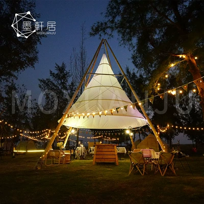 Outdoor camping base bamboo light control cone tent camp conical tipi tent hotel pyramid