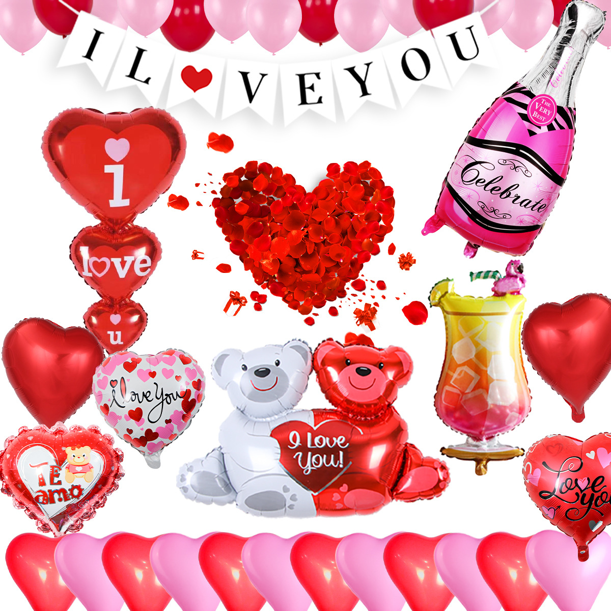 Día de San Valentín pétalos de rosa amor te amo tire bandera abrazo oso 18 pulgadas en forma de corazón traje de globo de aluminio