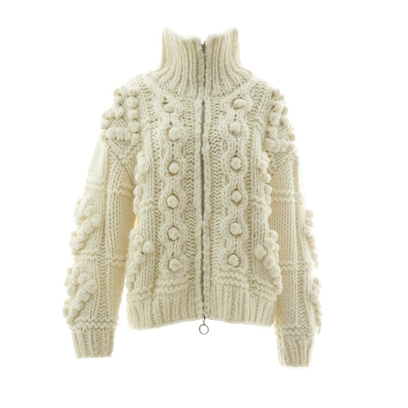 Autumn and Winter Design feeling lazy style loose thickened all-match turtleneck white handmade ball sweater coat knitted cardigan_voghion.com