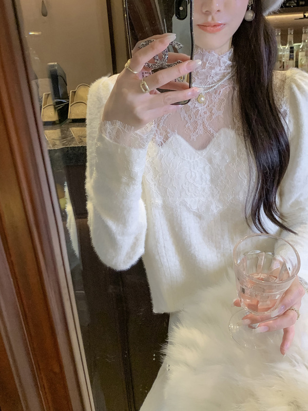 鱼兔子的兔子蕾丝拼接水貂毛毛衣女2025年秋冬白色上衣内搭打底衫|undefined