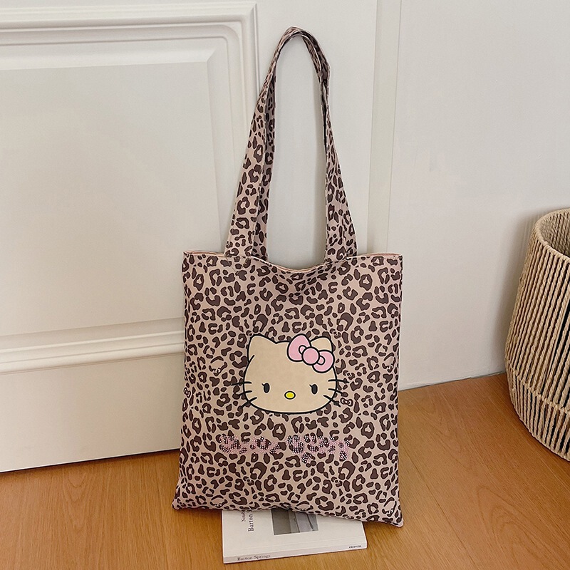 Cross-Border Hot-Selling Cloth Bag for Women, New Large-Capacity Cute Hello Kitty Leopard Print Canvas Bag, Shoulder Bag, Tote Bag Cross-Border Hot-Selling Cloth Bag for Women, New Large-Capacity Cute Hello Kitty Leopard Print Canvas Bag, Shoulder Bag, Tote Bag
