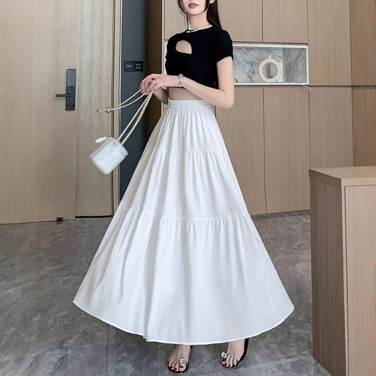 Cross-Border Fashion Versatile Pleated Lining High-Waisted Slimming Mid-Length Slimming Tiered Long Skirt for Women