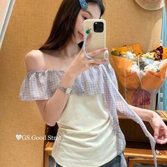 【クールシルクコットン40番手×タイトシフォン】新作ピュアセクシーシックワンショルダーチェック柄コントラストウエストトップス