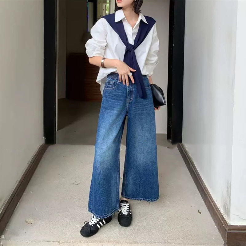 European Goods 277743 Petite Flared Pants for Women 2025 Autumn New High-Waisted Cropped Wide-Leg Jeans