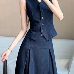 女性のためのハイエンドテンセルデニムスカートスーツ夏のファッションノースリーブベストトッププリーツスカートツーピーストレンディセット