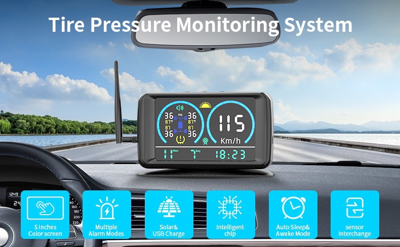 Cross-Border Ultra-Large Screen Tire Pressure Monitor with Time and Temperature Smart Digital Display and Solar-Powered Gps Speed Positioning System