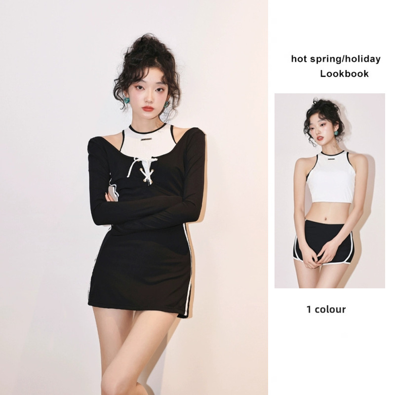 Sports Three-Piece Swimsuit for Women, Conservative Split, Belly-Covering, Slimming Look, Long-Sleeved, Hot Spring Vacation, New Water Tone 6014