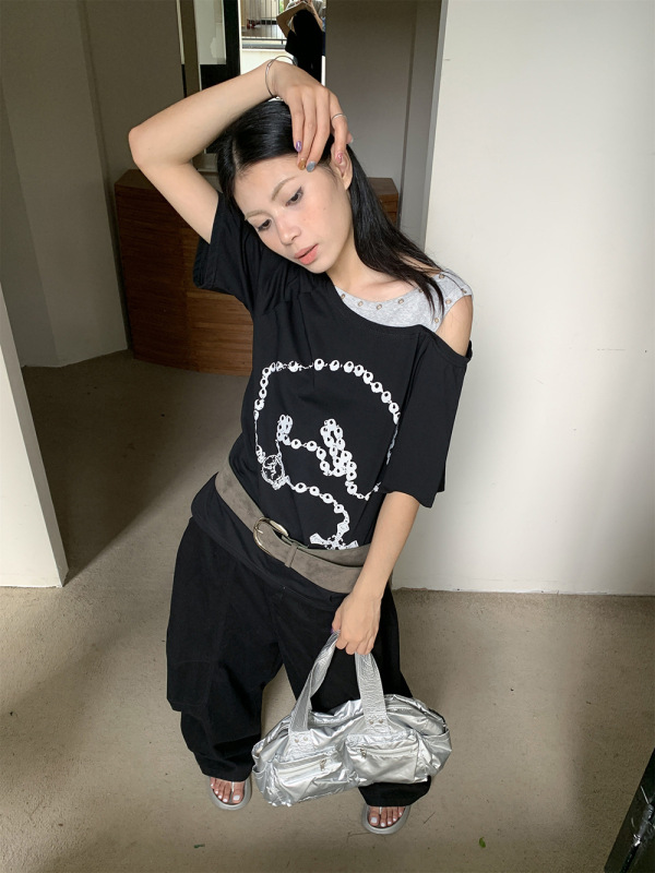 [9hour] 個性的な偽の肩のtシャツの女性2025夏のゆったりとした百合は色の上着の女性m 11328にぶつかります。|undefined