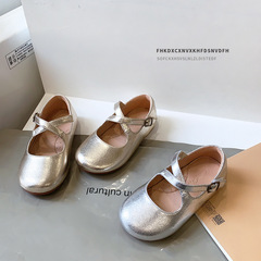 Gold and Silver Girls' Leather Shoes 2024 Spring New Cross Velcro Children's Single Shoes Performance Shoes Baby Princess Shoes