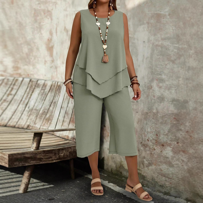 European and American Women's Clothing Amazon Aliexpress Plus Size Fashion Casual Solid Color Sleeveless Cropped Pants Two-Piece Set Elegant Style