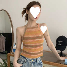 法式甜美彩条纹针织吊带背心夏季大码胖MM百搭修身短款无袖上衣