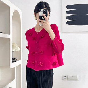 New Miyake Top Flower Autumn Niche Design All-match Slimming Cardigan Thin High-end Pleated T-shirt