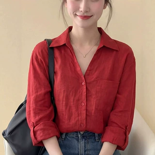法式红色翻领100亚麻长袖衬衫女2026春季新款设计感小众宽松休闲