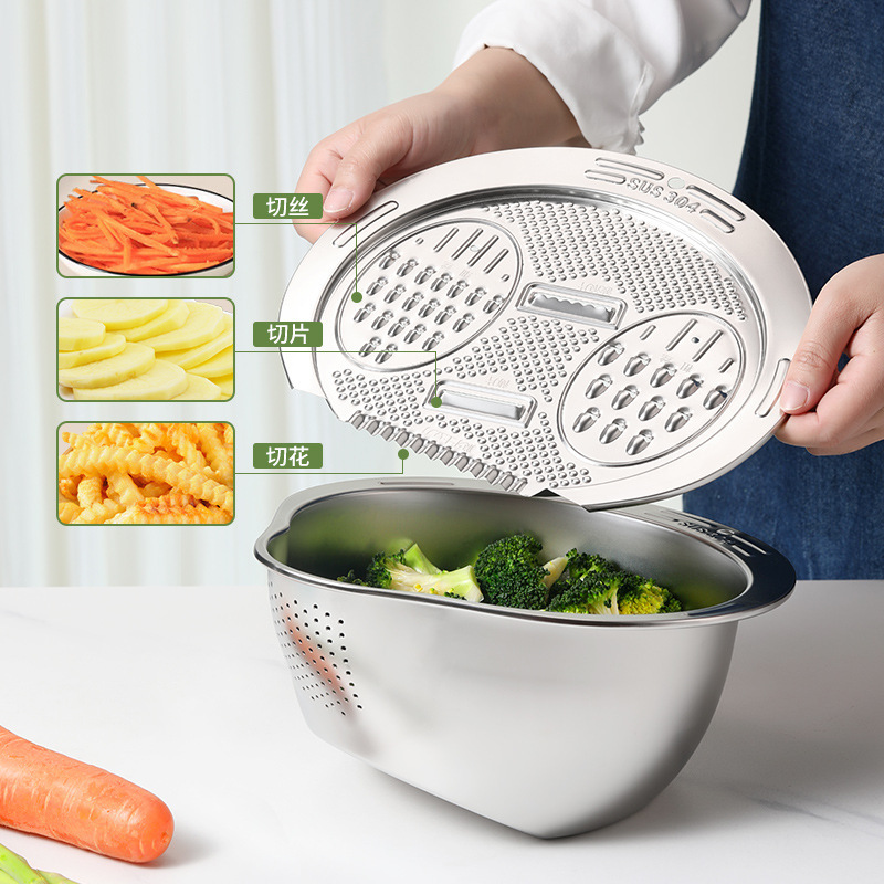 304 ステンレス鋼の多機能野菜おろし金、ジャガイモをこする波状ナイフ加工品、米洗いボウル、水切りバスケット、家庭用|undefined