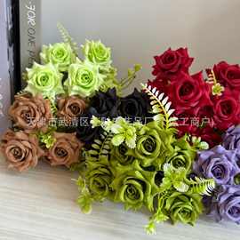 外贸7头把束角玫瑰仿真花场景布置婚庆用花假花婚庆手捧 软装摆件