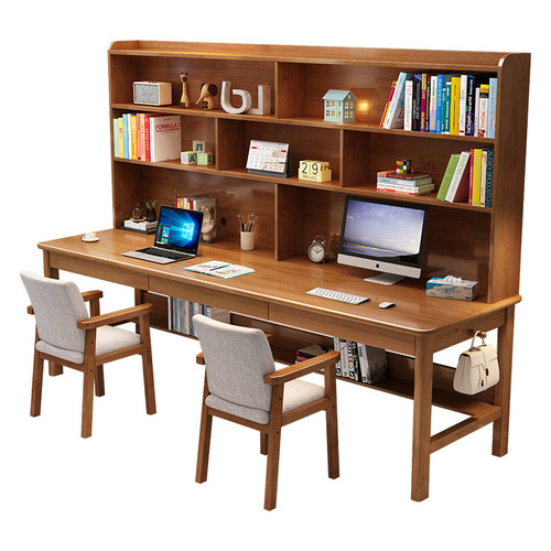 Solid wood double or three-person desk bookshelf integrated writing desk student simple home computer desk study desk with bookcase