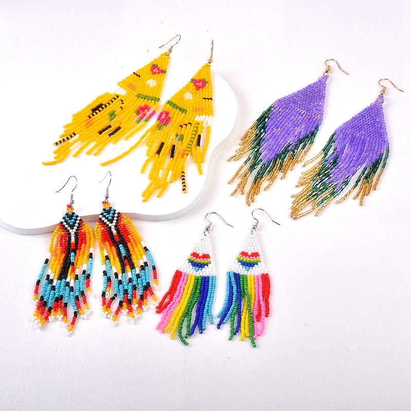 10g Weight 1 Pair Bohemian Geometric Beaded Glass Drop Earrings