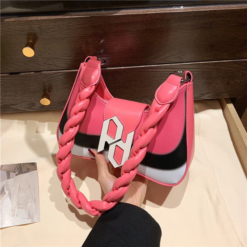 Cross-border Crossbody Bag Women's 2024 New Fashionable Texted Shoulder Bag Fashionable Contrast Color Woven Twist Shoulder Strap Underarm Bag