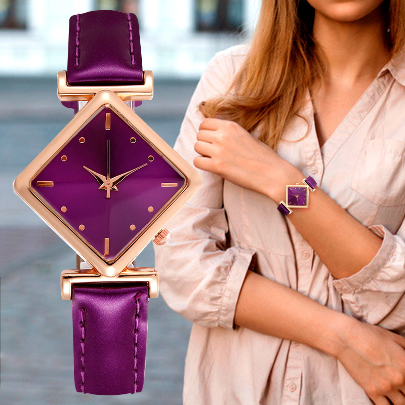 Foreign Trade Best-Selling Purple Rhombus Dial Purple Belt Design Women's Quartz New Rose Gold