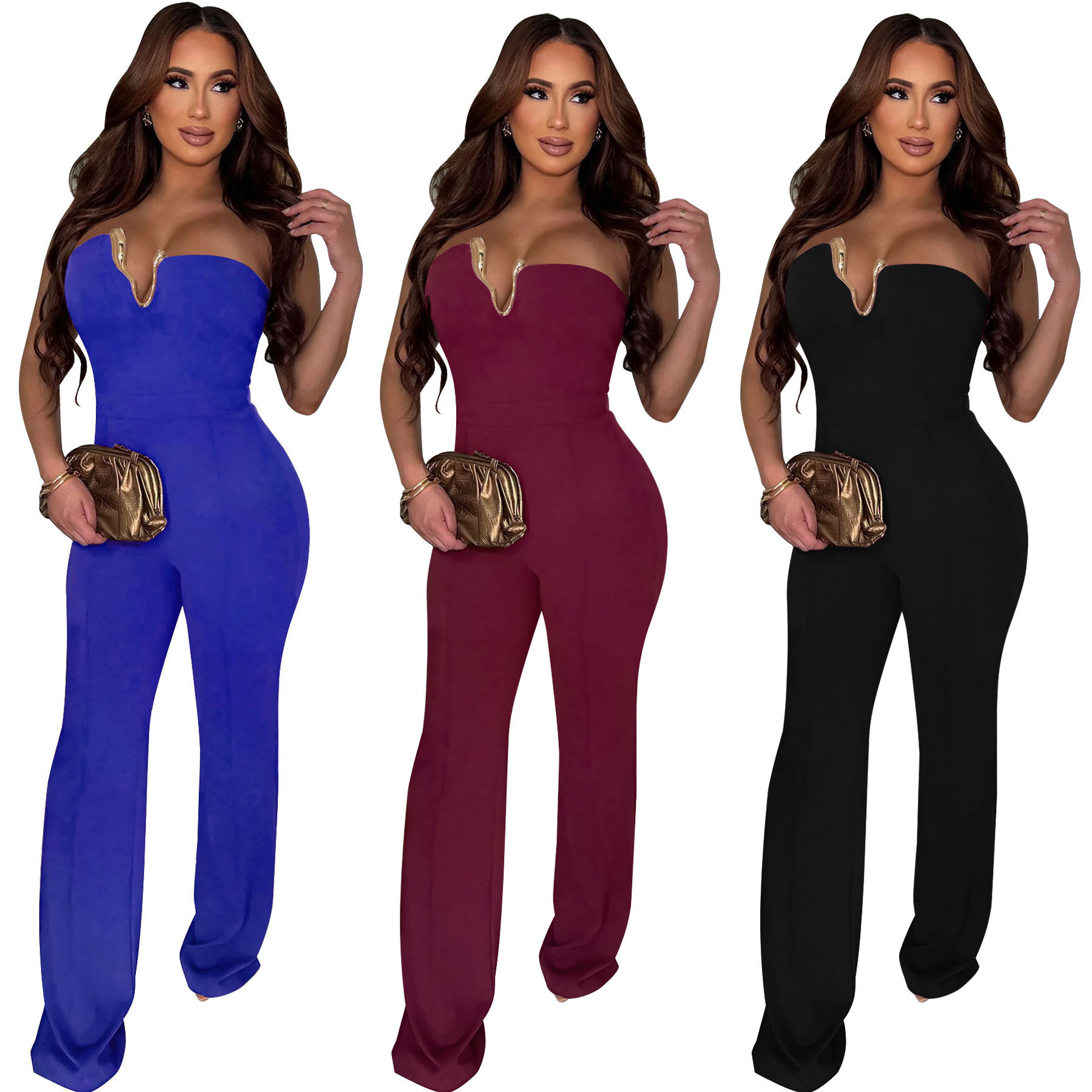 10974 Stylish Women's Sexy Slim-Fit Solid-Color Sleeveless Strapless Jumpsuit