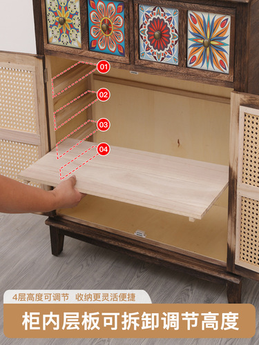 Antique-style wall-mounted storage cabinet for living room, modern Chinese solid wood sideboard with rattan cabinets, home-use tea and water cabinet