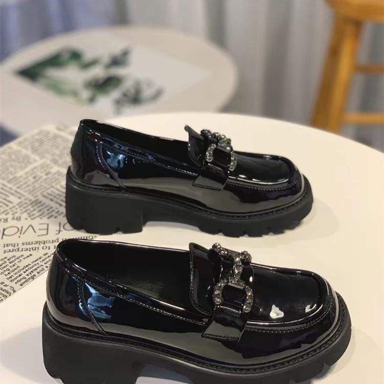 乐福鞋女2025春秋新款圆头亮皮英伦风厚底增高小皮鞋一脚蹬学院鞋