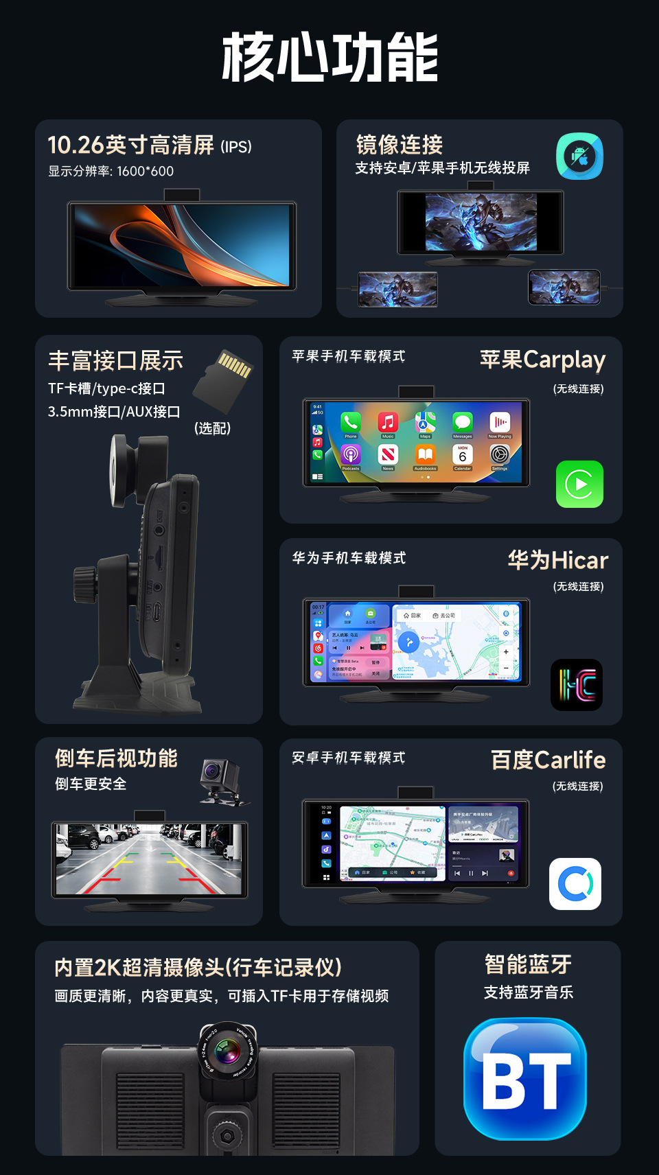 New Model Dash Cam with Front and Rear Dual Recording, 2K Portable Entertainment, Carplay Smart Screen, Reversing Image, Carlife