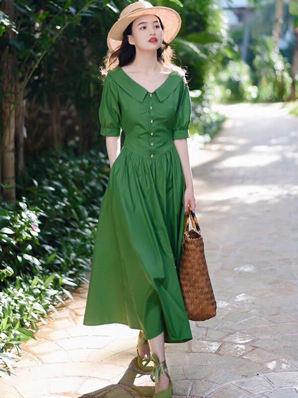 2268 Summer New Women's Clothing Puff Sleeve Cold Style High-end Sense Chic Beautiful Dress Long Dress Elegant