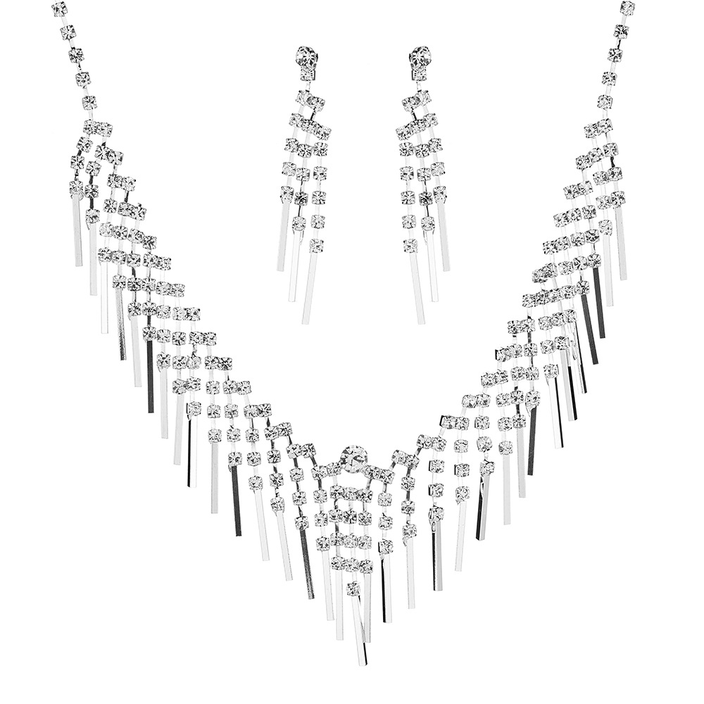 New Tassel Full Diamond Necklace Earrings Bridal Set Two-piece Set display picture 4