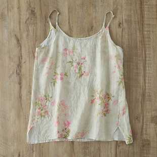 Summer Ramie Thin Printed Camisole Base Shirt Cool Vest with Back Slit Short Sleeveless Loose Top