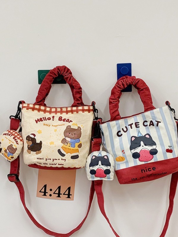 2025 新漫画落書きソフトかわいいハンドバッグ甘くてかわいいキャンバスバケツカジュアル多用途クロスボディショルダーバッグ|undefined