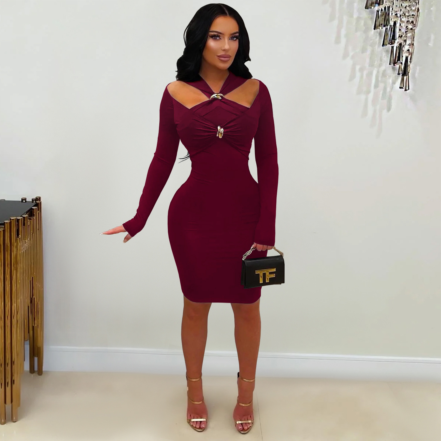 C7627 Aliexpress transfronterizo Amazon Europa y América moda de mujer temperamento hombro abierto delgado bolsas de cadera vestido sólido image 5