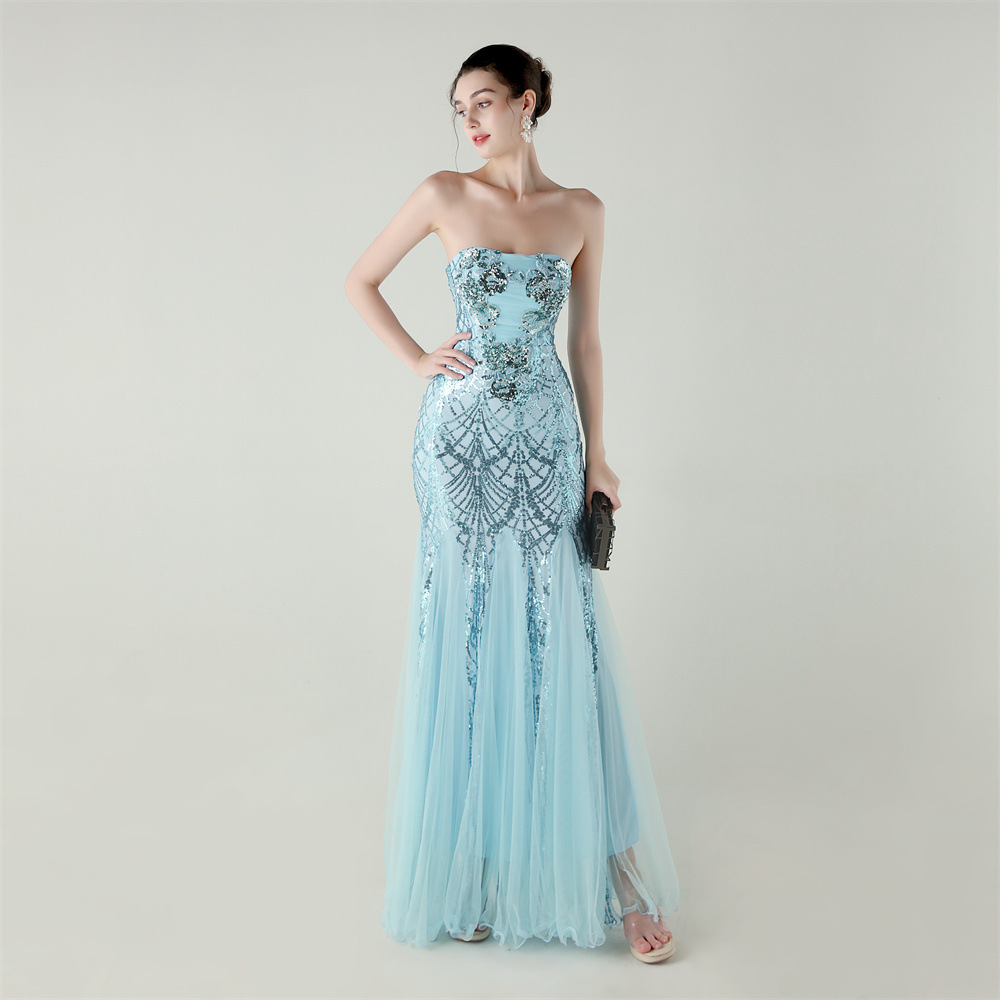33616 # Strapless Cross-Tie Beaded Tube Floral Sequin Mesh Evening Dress for Banquet, Wedding, Social, and Elegant Wear ​
