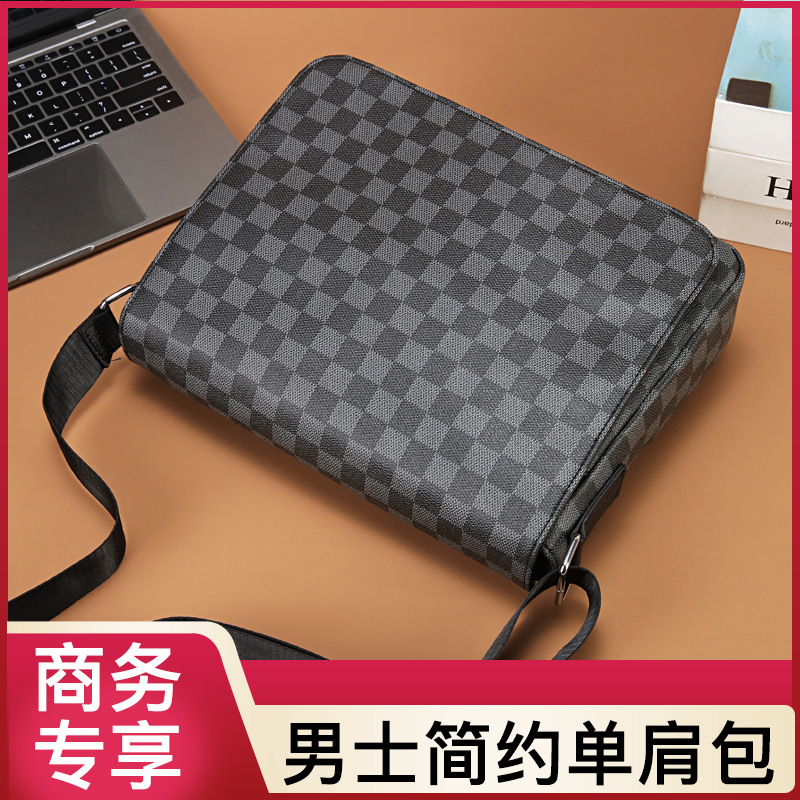 男包翻盖单肩包欧美时尚男士斜挎包横款休闲电脑公文包男格子背包