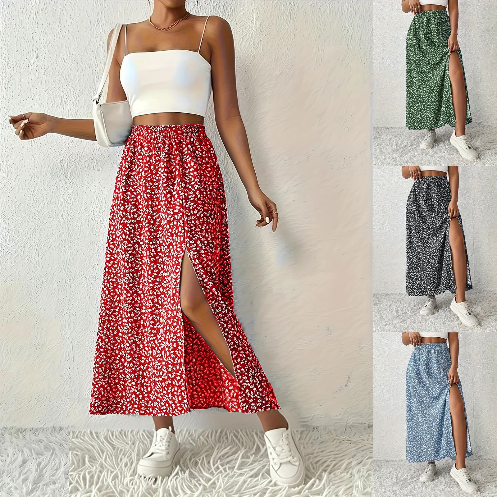 女式复古半身裙春夏季亚马逊欧美TK女装新款束腰印花测开叉长裙女