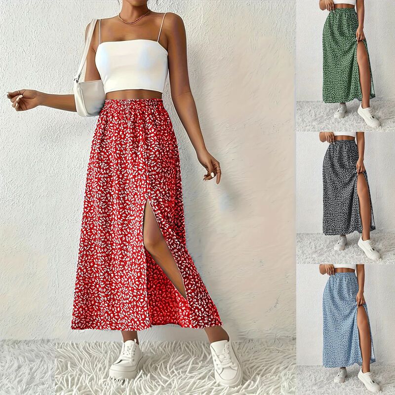 Women's Retro Skirt Spring and Summer Amazon European and American Tk Women's New Style Waist-Cinching Printed Slit Long Skirt for Women