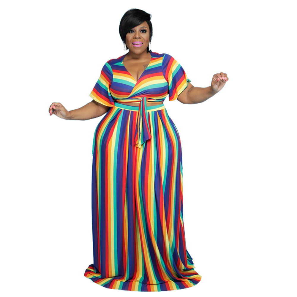 2021 European and American Amazon cross border Rainbow Stripe large size suit fashion trend sexy suit female at19207