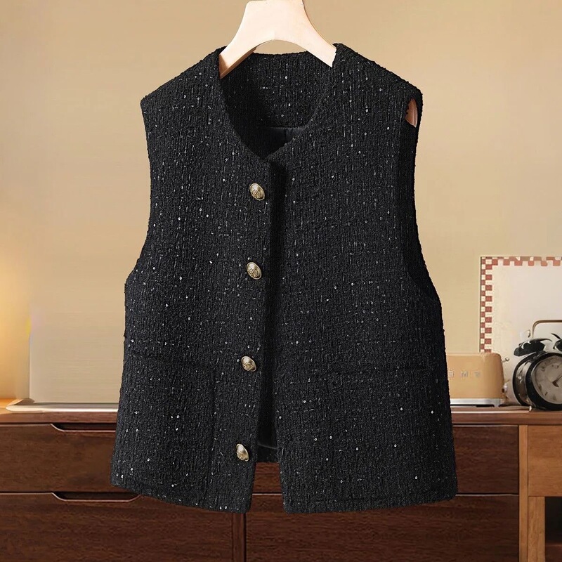 Tweed Style Vest 2025 Autumn New Women's Fashion Single-Breasted Round Neck Elegant Slimming Look Tweed Vest