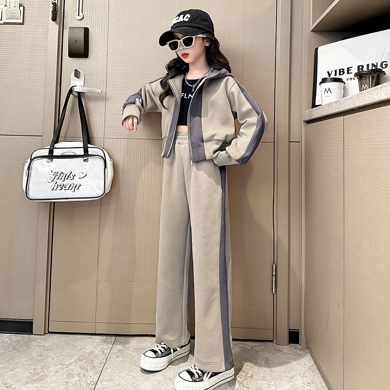 2026新款女童春秋季撞色套装中大儿童童装韩版休闲短款外套两件套